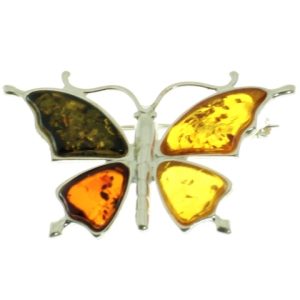 Broche de ámbar con plata de ley, mariposa de cuatro colores