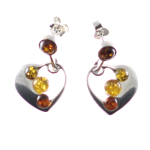 Pendientes corazones de colores en ámbar y plata