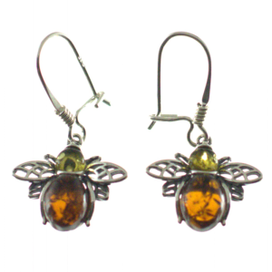 Pendientes de ámbar y plata, moscas de colores