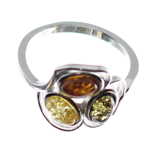 Anillo de tres piedras en ámbar y plata