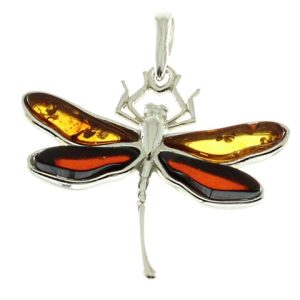 Colgante de ámbar con plata, libélula de colores
