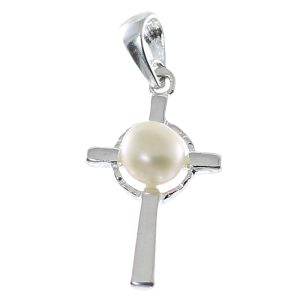 Colgante de perla con plata de ley-925, pequeña cruz