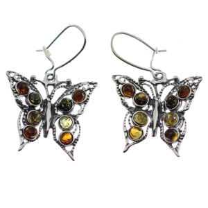Pendientes de ámbar con plata de ley, mariposas de colores