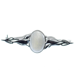 Broche de piedra luna con plata de ley, aguja ornamental