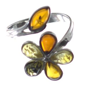 Anillo flor de colores en ámbar y plata
