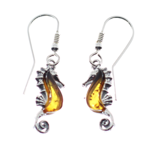 Pendientes caballitos del mar en ámbar y plata