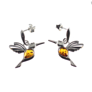 Pendientes de colibrí en ámbar y plata