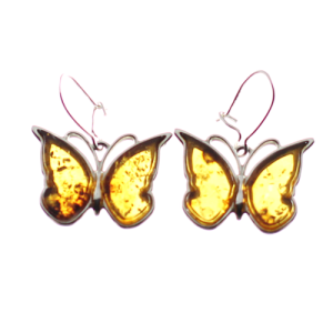 Pendientes de mariposas en plata y ámbar báltico