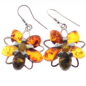 Pendientes flores en ámbar y plata